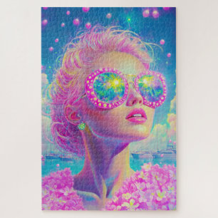 Glamouröse Neonfrau mit funkelnder Brille