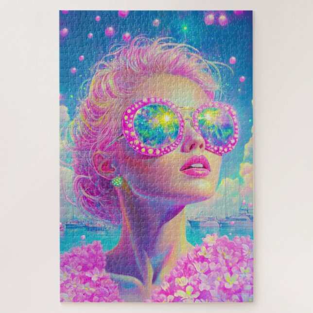 Glamouröse Neonfrau mit funkelnder Brille (Vertikal)