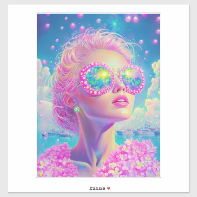 Glamouröse Neonfrau mit funkelnder Brille Aufkleber (Blatt)