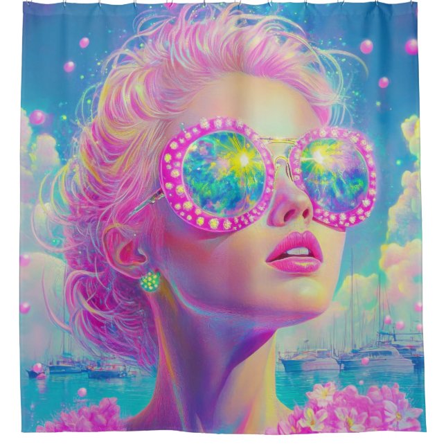 Glamouröse Neonfrau mit funkelnder Brille Duschvorhang (Vorderseite)