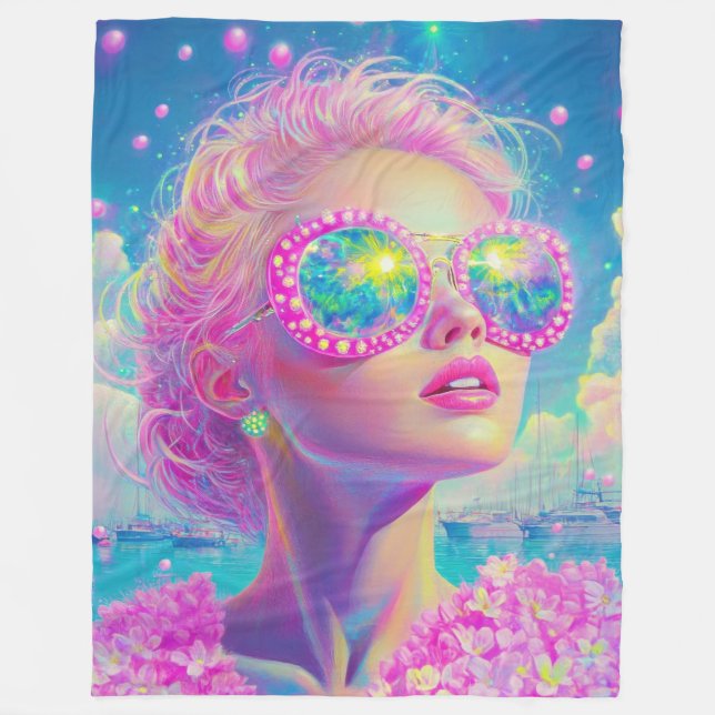 Glamouröse Neonfrau mit funkelnder Brille Fleecedecke (Vorderseite)
