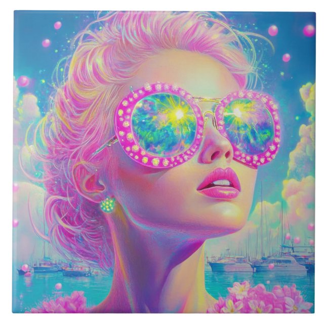 Glamouröse Neonfrau mit funkelnder Brille Fliese (Vorderseite)