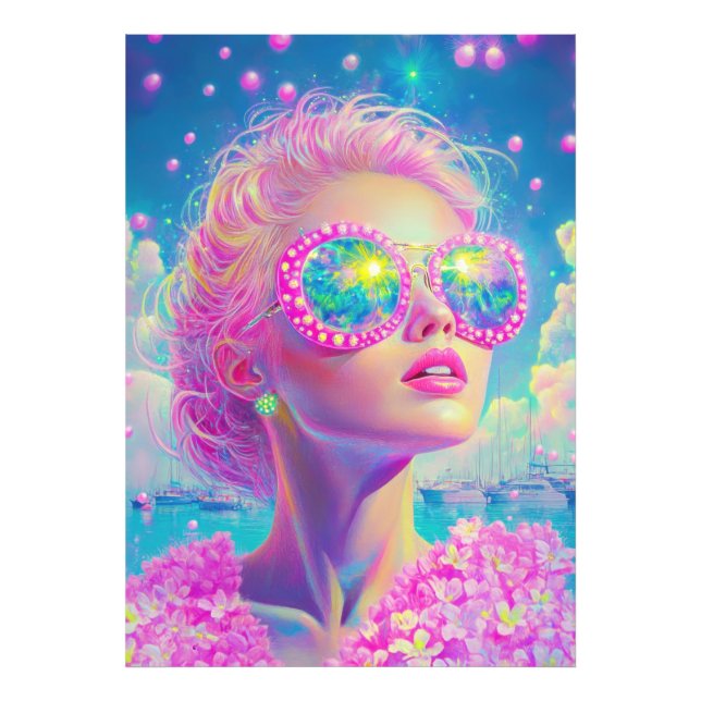 Glamouröse Neonfrau mit funkelnder Brille Fotodruck (Vorne)