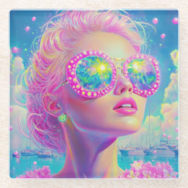 Glamouröse Neonfrau mit funkelnder Brille Glasuntersetzer