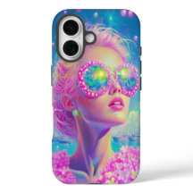 Glamouröse Neonfrau mit funkelnder Brille