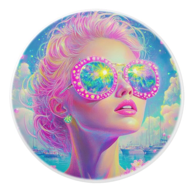 Glamouröse Neonfrau mit funkelnder Brille Keramikknauf (Vorderseite)