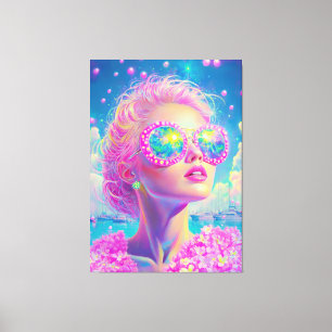 Glamouröse Neonfrau mit funkelnder Brille Leinwanddruck