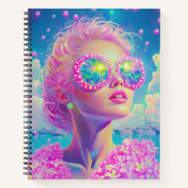 Glamouröse Neonfrau mit funkelnder Brille Notizbuch