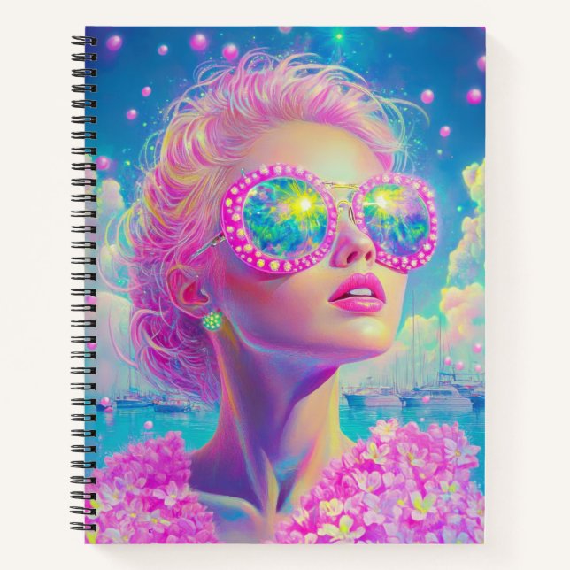 Glamouröse Neonfrau mit funkelnder Brille Notizbuch (Vorderseite)