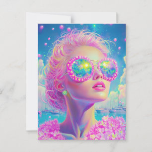 Glamouröse Neonfrau mit funkelnder Brille Postkarte