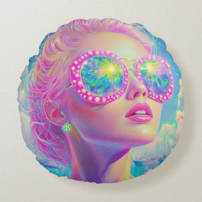 Glamouröse Neonfrau mit funkelnder Brille Rundes Kissen (Vorderseite)