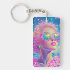 Glamouröse Neonfrau mit funkelnder Brille Schlüsselanhänger