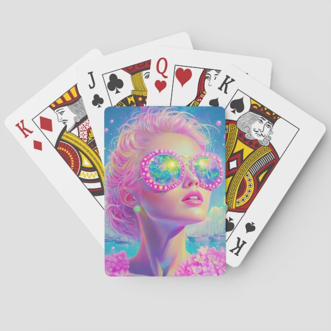 Glamouröse Neonfrau mit funkelnder Brille Spielkarten (Rückseite)