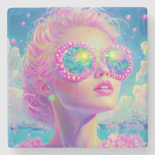 Glamouröse Neonfrau mit funkelnder Brille Steinuntersetzer