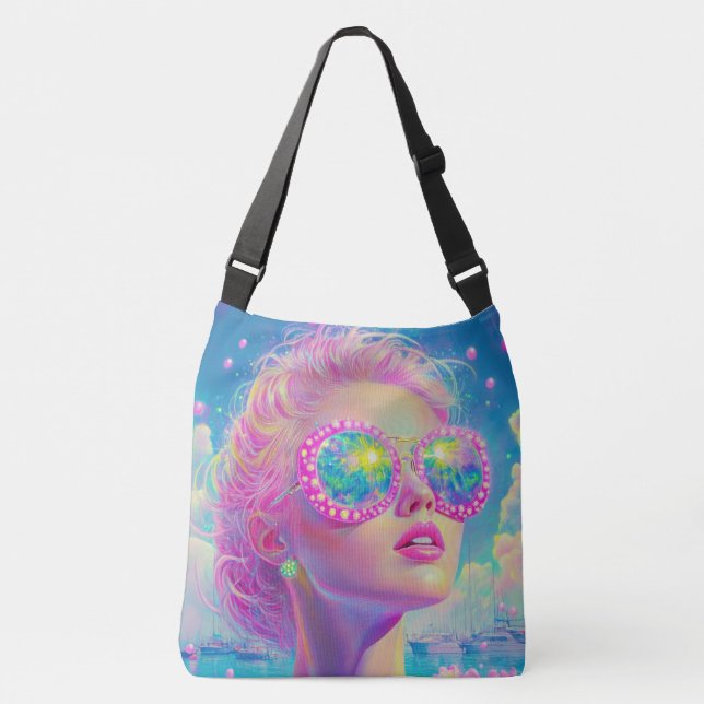 Glamouröse Neonfrau mit funkelnder Brille Tragetaschen Mit Langen Trägern (Vorderseite)