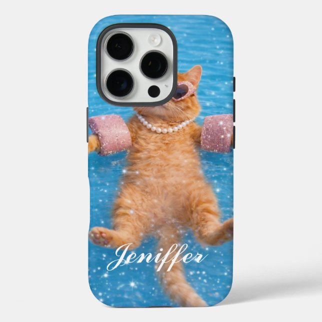 Glamouröse Poolkatze schwebt stilvoll           iPhone 16 Pro Hülle (Rückseite)