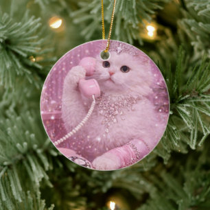 Glamouröse Prinzessinnenkatze benutzt rosa Telefon Keramik Ornament