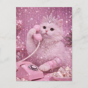 Glamouröse Prinzessinnenkatze benutzt rosa Telefon Postkarte