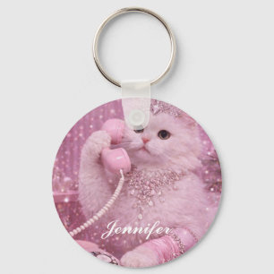 Glamouröse Prinzessinnenkatze benutzt rosa Telefon Schlüsselanhänger