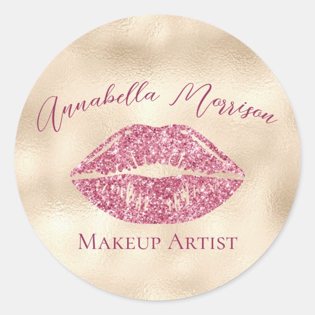 Glamouröse Rosa Glitzer Lippen auf Champagner Gold Runder Aufkleber (Vorderseite)