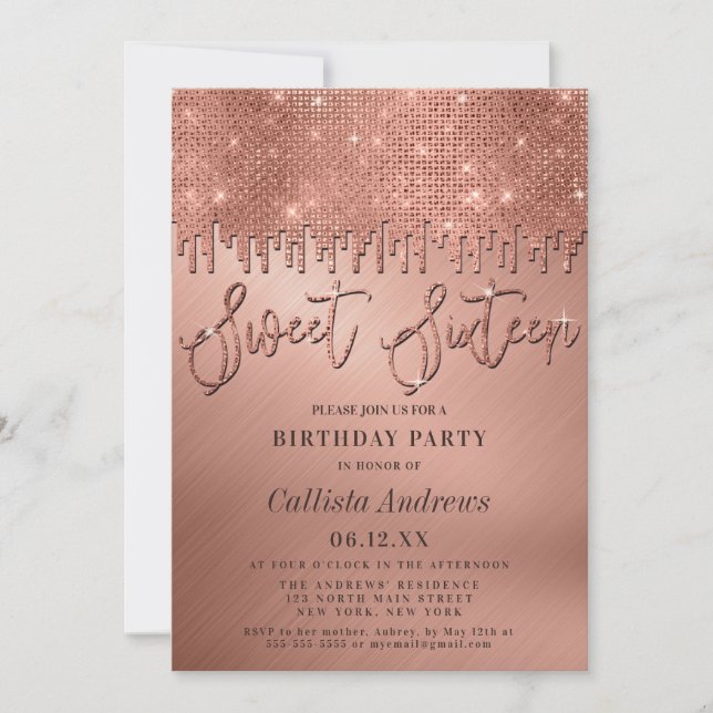 Glamouröse Rose Gold Glitzer Pixel Sweet 16 Einladung (Vorderseite)