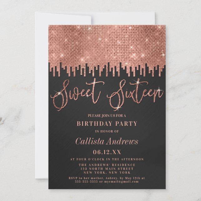 Glamouröse Rose Gold Schwarze Glitzer Pixel Sweet  Einladung (Vorderseite)
