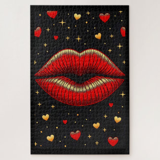 Glamouröse rote Lippen goldene Herzen Puzzle