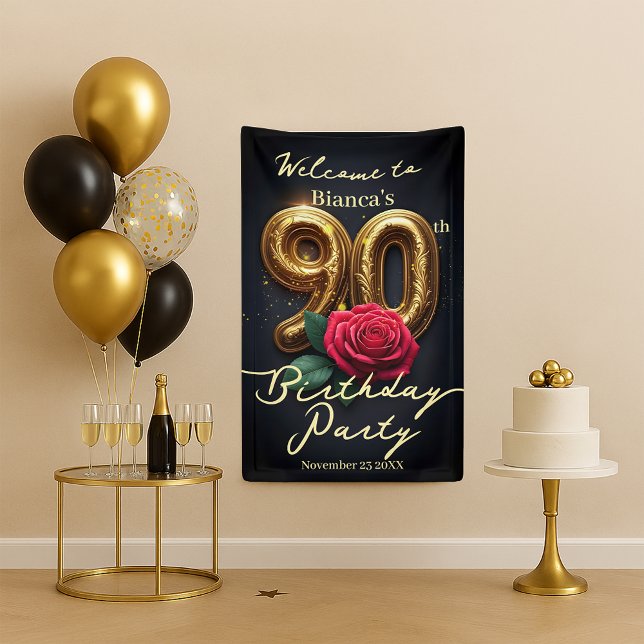 Glamouröse Rote Rose Golden Birthday 90. Willkomme Banner (Von Creator hochgeladen)