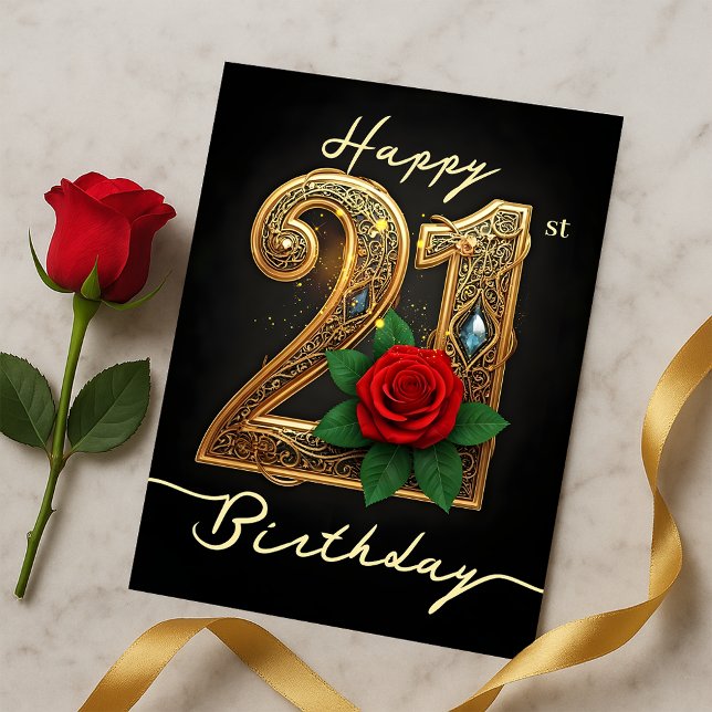Glamouröse Rote Rose Verziert Golden 21. Geburtsta Postkarte (Von Creator hochgeladen)