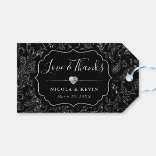 Glamouröse schwarze und silberne Glitter-Hochzeit Geschenkanhänger