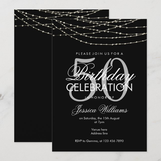Glamouröse Silberleuchten 50. Geburtstag Einladung (Vorne/Hinten)