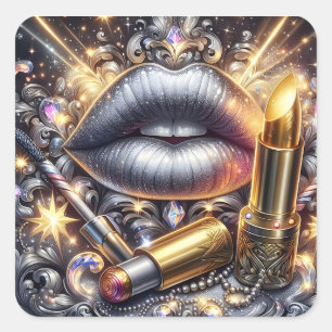 Glamouröse Silberlippen Luxus-Make-up-Art-Design Quadratischer Aufkleber