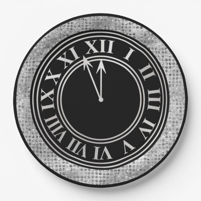 Glamouröse Silver Diamonds New Year's Clock Pappteller (Vorderseite)
