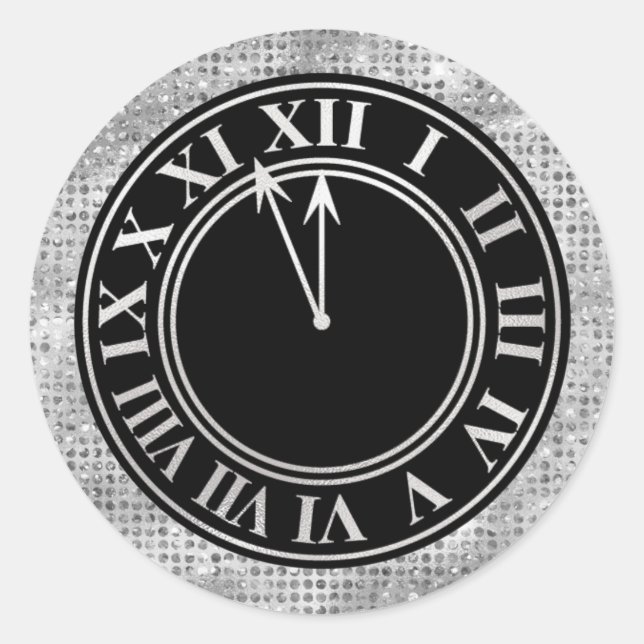 Glamouröse Silver Diamonds New Year's Clock Runder Aufkleber (Vorderseite)