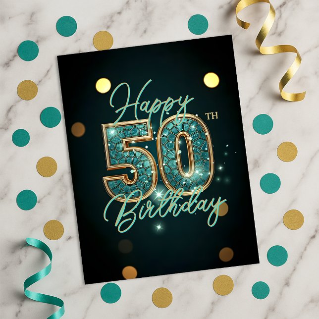 Glamouröser Aquamarin- und Goldmosaik 50. Geburtst Postkarte (Von Creator hochgeladen)