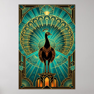 Glamouröser Art Deco Pfau Türkis & Gold Poster