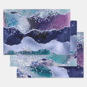 Glamouröser Dunkel- und Hellblauer Faux-Glitter-Ac Geschenkpapier Set