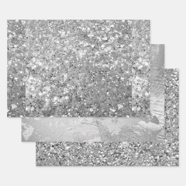 Glamouröser funkelnder Silber-Glitter & Folien-Mus Geschenkpapier Set (Set)