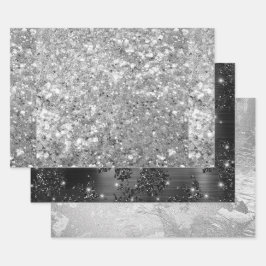 Glamouröser funkelnder Silber- und schwarzer Glitt Geschenkpapier Set