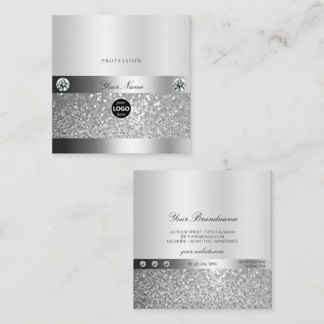 Glamouröser, glamouröser Silver Sparkle-Glitzer un Quadratische Visitenkarte (Vorne/Hinten)