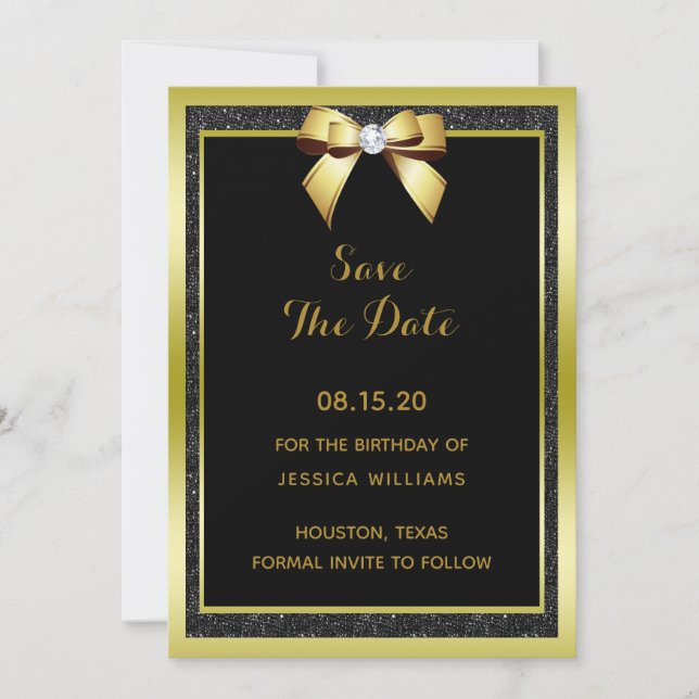 Glamouröser goldener Bogen und schwarzes Glitter Save The Date (Vorderseite)