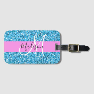 Glamouröser Himmelblauer Rosa Glitter Funkeln Name Gepäckanhänger
