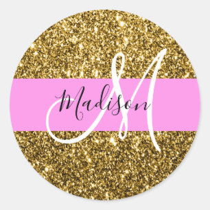 Glamouröser Pink- und Gold-Glitter-Monogramm-Name Runder Aufkleber