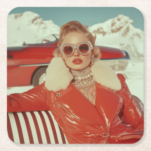 Glamouröser Retro Winterstil im alpinen Ambiente Rechteckiger Pappuntersetzer