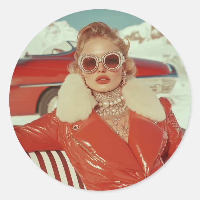Glamouröser Retro Winterstil im alpinen Ambiente Runder Aufkleber (Vorderseite)