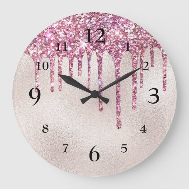 Glamouröser rosa Glitzer Tropfen auf Champagner Pe Große Wanduhr (Vorderseite)
