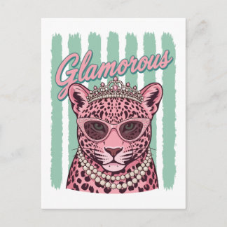 Glamouröser rosa Leopard mit Krone und Sonnenbrill Postkarte