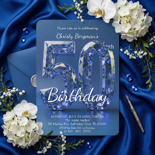 Glamouröser Saphirblauer Diamant 50. Geburtstag Einladung