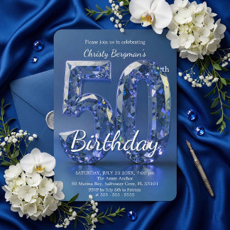 Glamouröser Saphirblauer Diamant 50. Geburtstag Einladung
