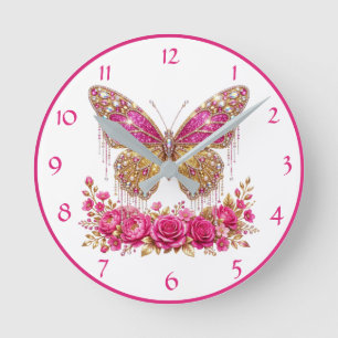 Glamouröser Schmetterling Rose Pink und Gold Flora Runde Wanduhr